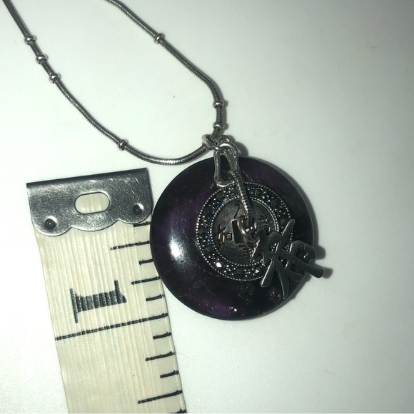 Vtg Sterling Amethyst Marcasite Chinese Luck Fortune Pendant & Chain 15” & 1.1” - Picture 10 of 10